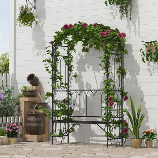 Garden Metal Arch Bench Outdoor 2-Seater Chair, Patio Rose Trellis Arbour Pergola for Climbing Plant Vintage Classic Black 115x50x203H cm