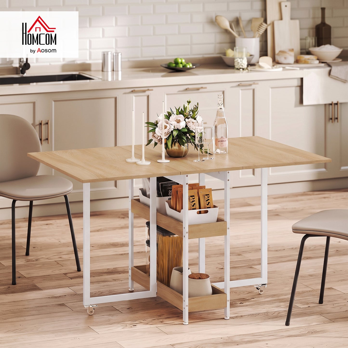 Folding Dining Table, Drop Leaf Table w/ Open Compartments, Natural