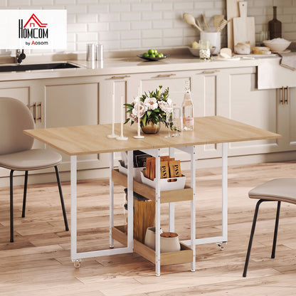 Folding Dining Table, Drop Leaf Table w/ Open Compartments, Natural