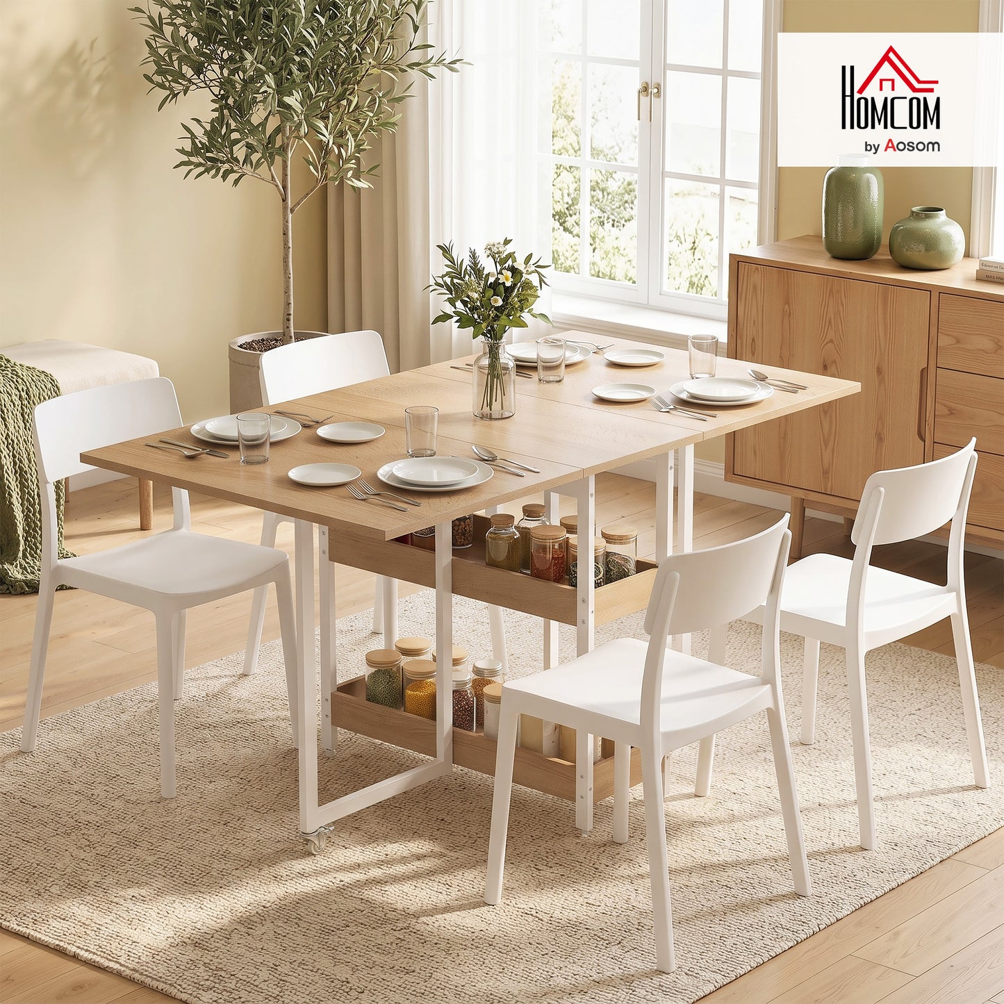 Folding Dining Table, Drop Leaf Table w/ Open Compartments, Natural