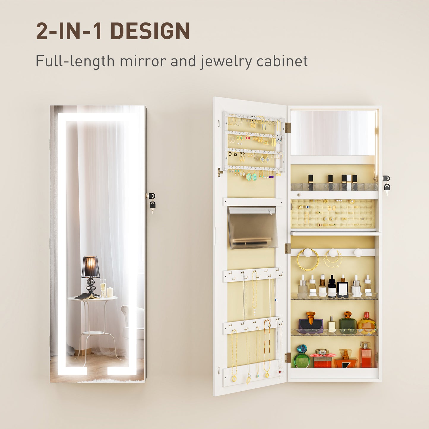 LED Mirror Jewellery Cabinet, Full Length Mirror with Storage, White