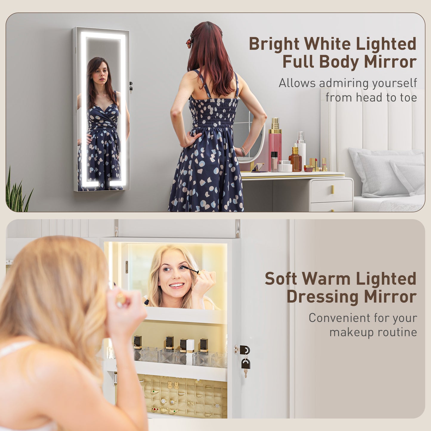 LED Mirror Jewellery Cabinet, Full Length Mirror with Storage, White