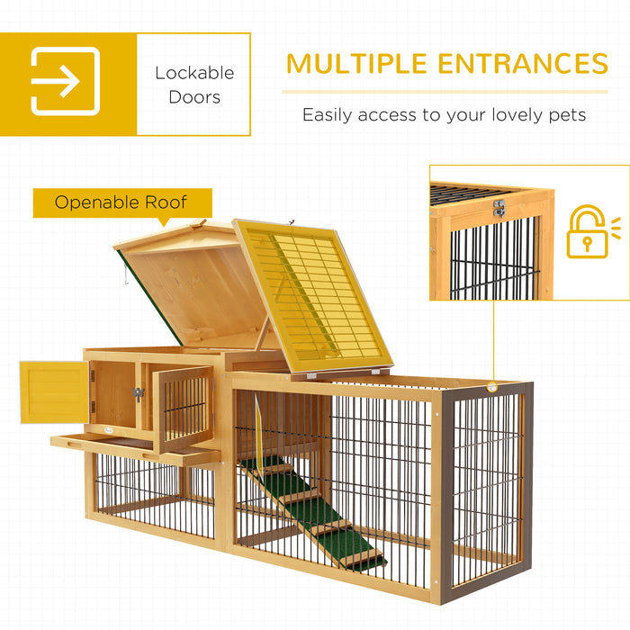 Wooden Rabbit Hutch with Run, Asphalt Roof, Pull-Out Tray, Ramp, Yellow