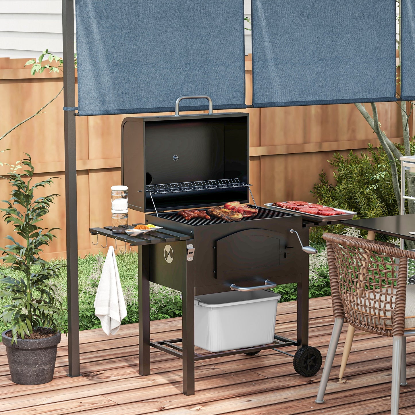 Charcoal Barbecue Grill Trolley Garden Smoker with Shelves, Adjustable Height, Thermometer on Lid, Opener and Wheels