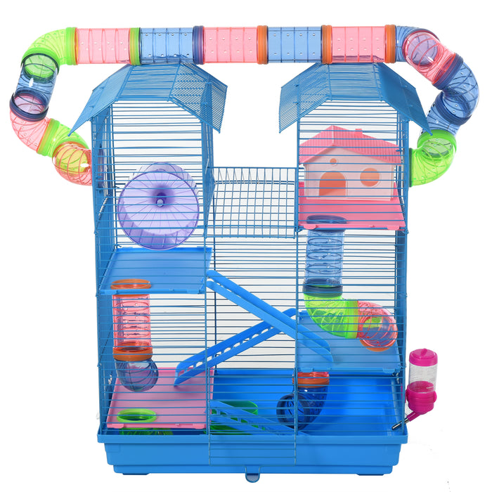 5 Tier Hamster Cage Carrier Habitat with Exercise Wheels Tunnel Tube Water Bottle Dishes House Ladder for Dwarf Mice, Blue