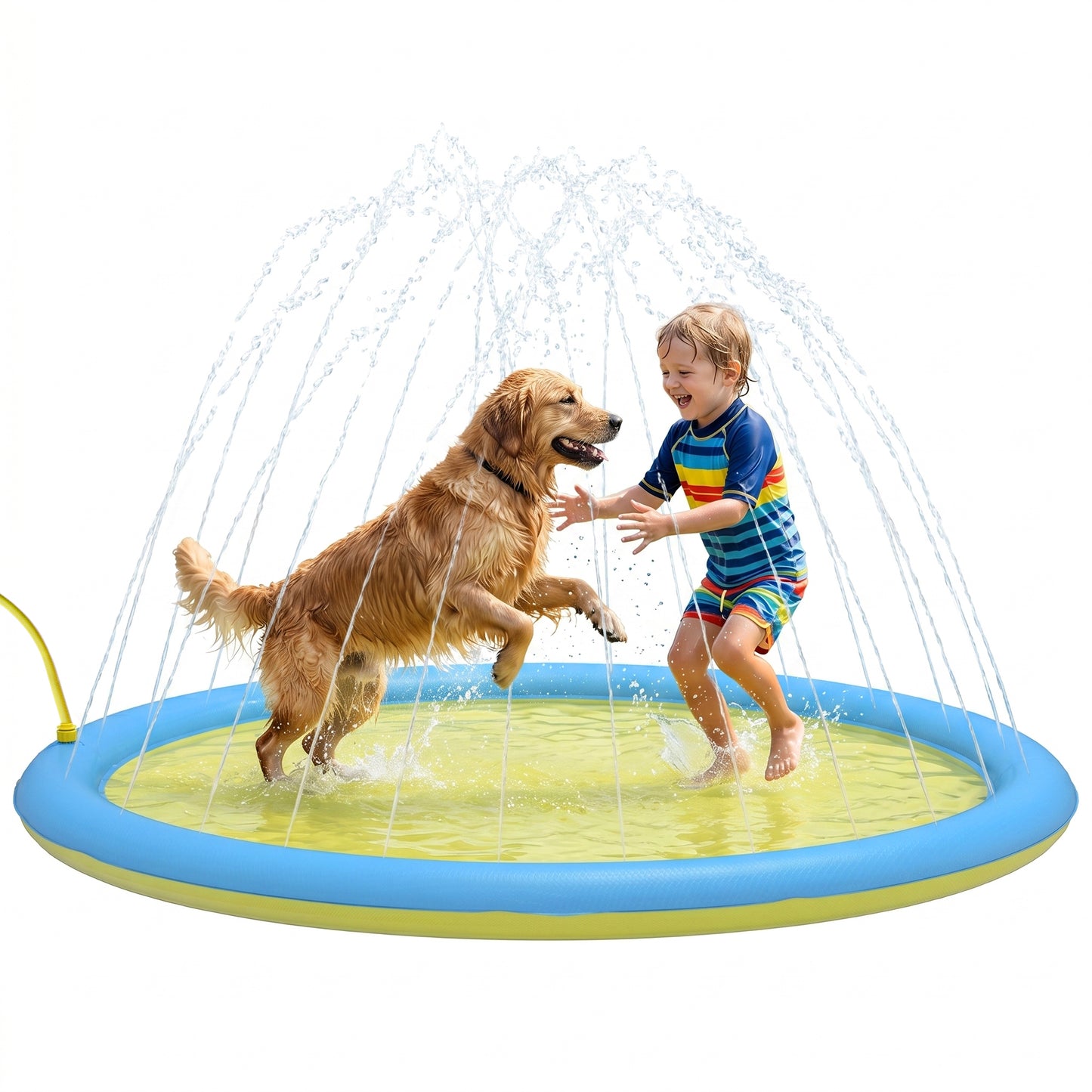 Dog Splash Pad, Pet Sprinkler Mat, Non-Slip Dog Paddling Pool, Foldable Outdoor Sprinkler and Splash Mat Water Play for Garden, Patio, Summer Fun, 170 cm, Yellow