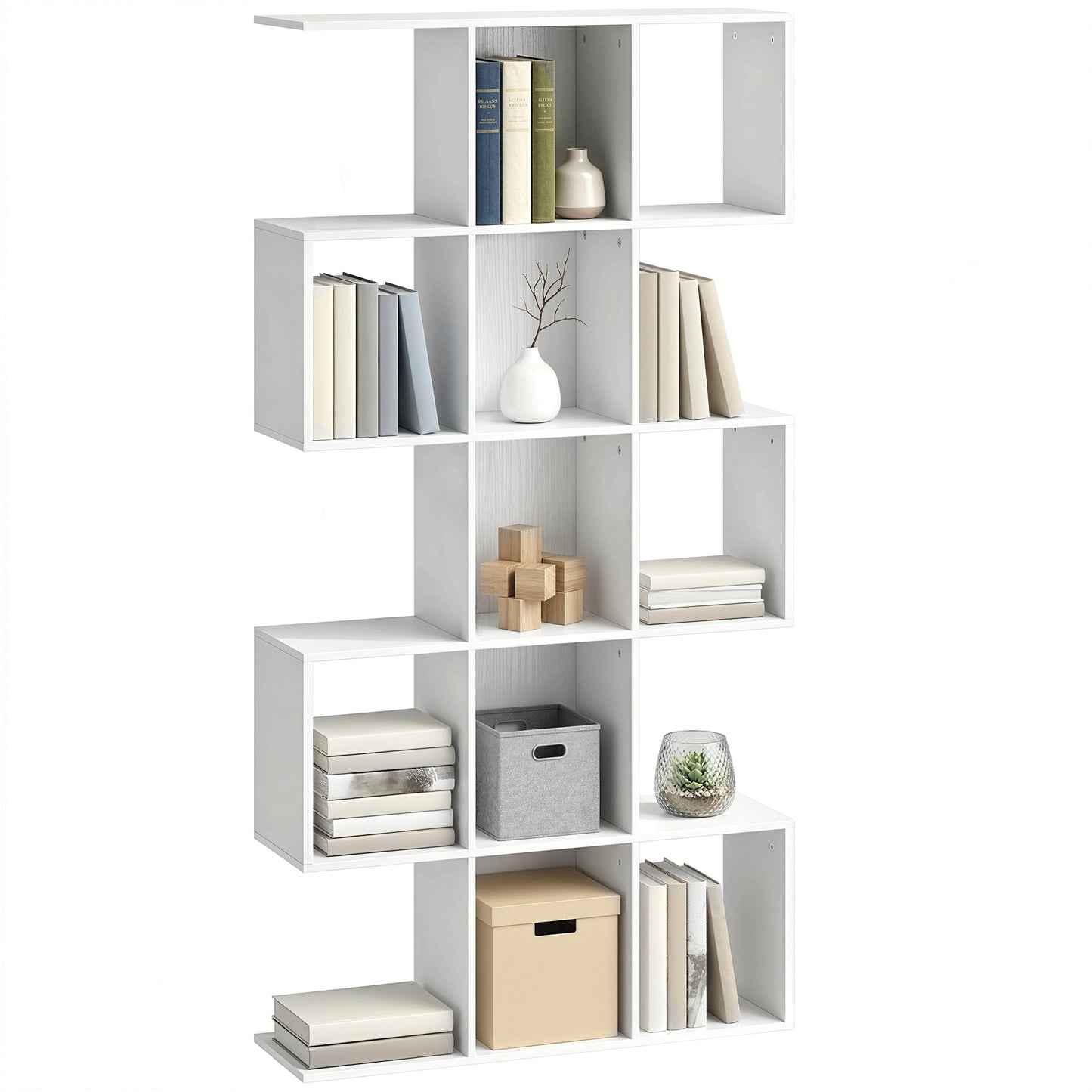 Geometric Bookshelf, 5-Tier S Shaped Bookcase, White Wood Effect