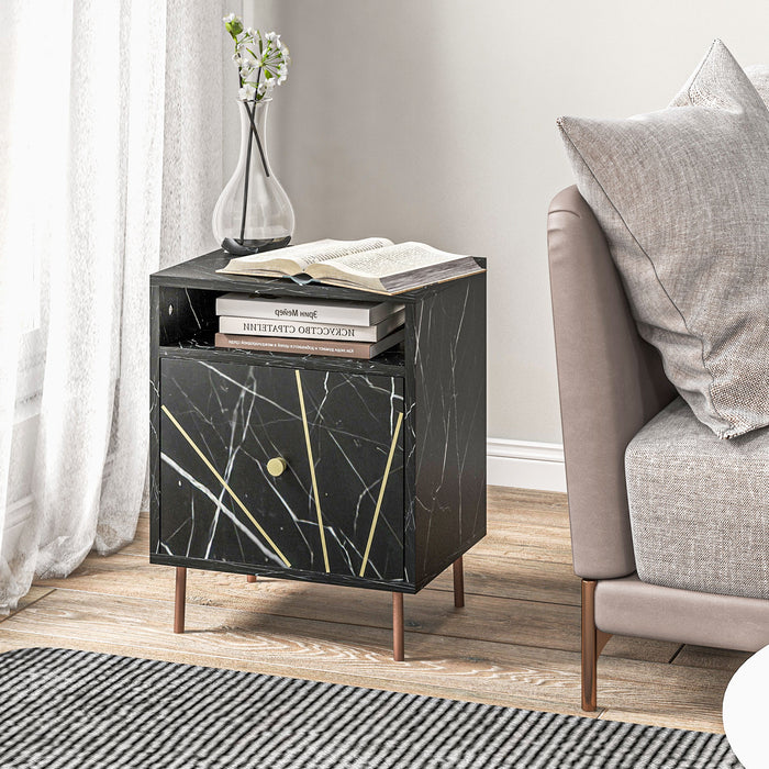 Modern Bedside Table with Drawer and Open Shelf Black Marble Effect