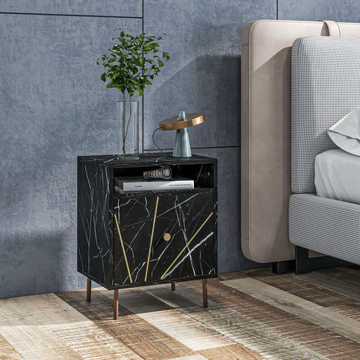 Modern Bedside Table with Drawer and Open Shelf Black Marble Effect