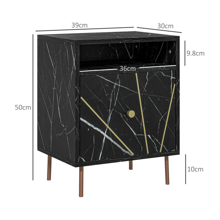 Modern Bedside Table with Drawer and Open Shelf Black Marble Effect