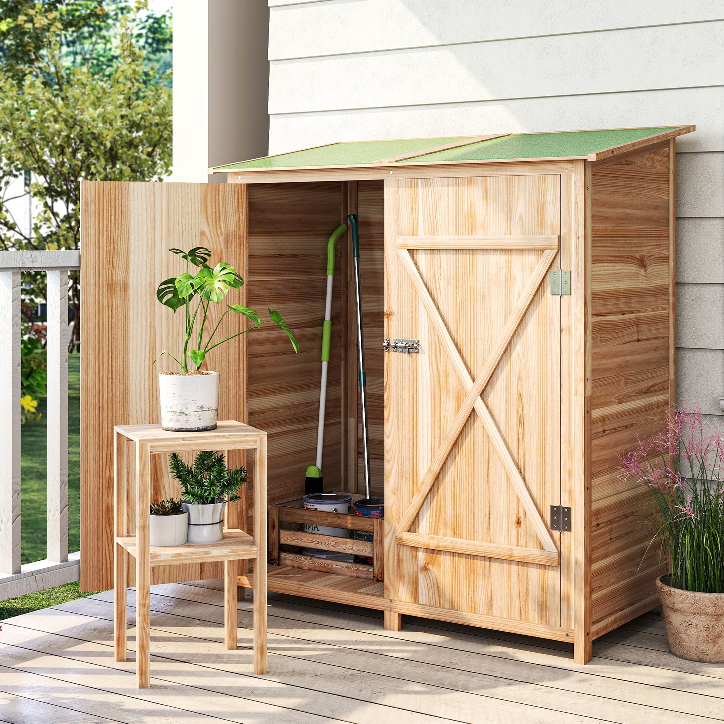 Garden Storage Shed Tool Organizer w/ Table, 140x75x157cm, Natural