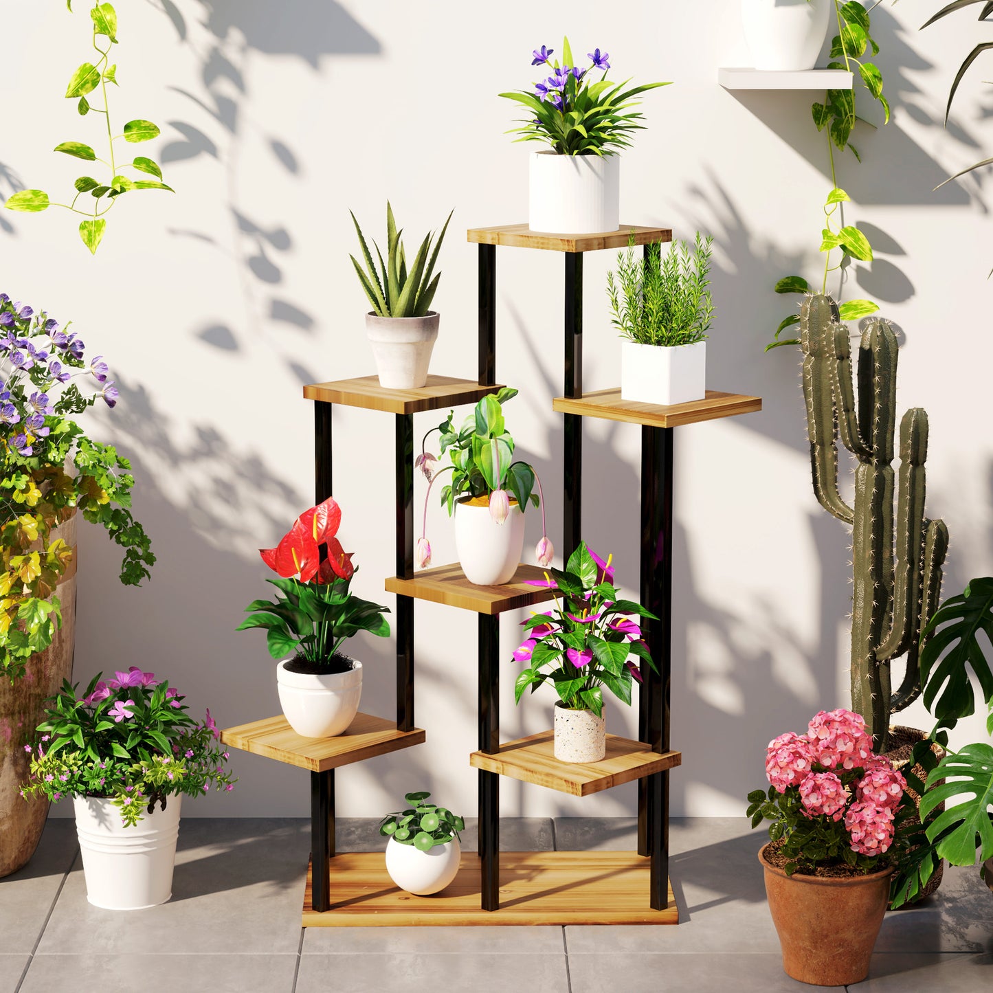 7 Tier Plant Stand, Tall Steel Wood Plant Shelf, Carbonised Finish