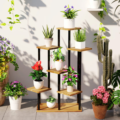 7 Tier Plant Stand, Tall Steel Wood Plant Shelf, Carbonised Finish