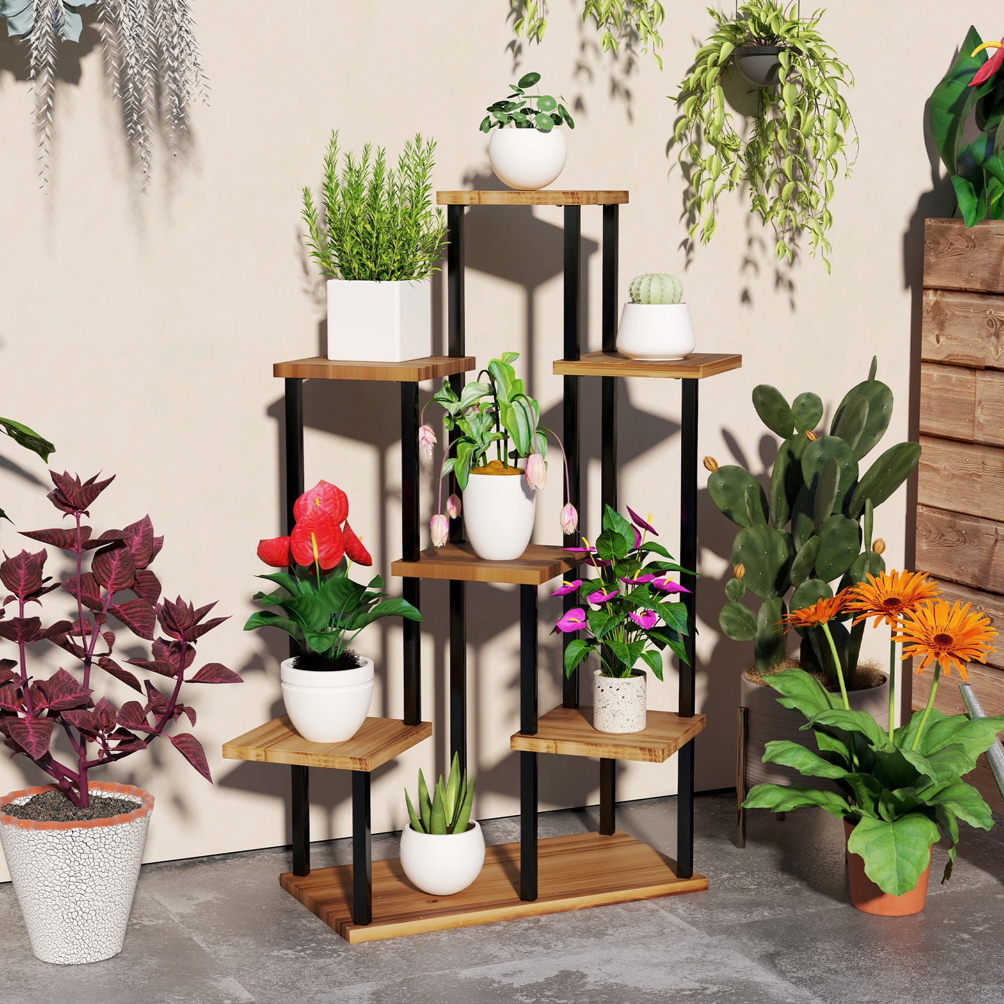 7 Tier Plant Stand, Tall Steel Wood Plant Shelf, Carbonised Finish