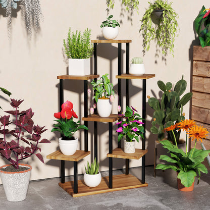 7 Tier Plant Stand, Tall Steel Wood Plant Shelf, Carbonised Finish