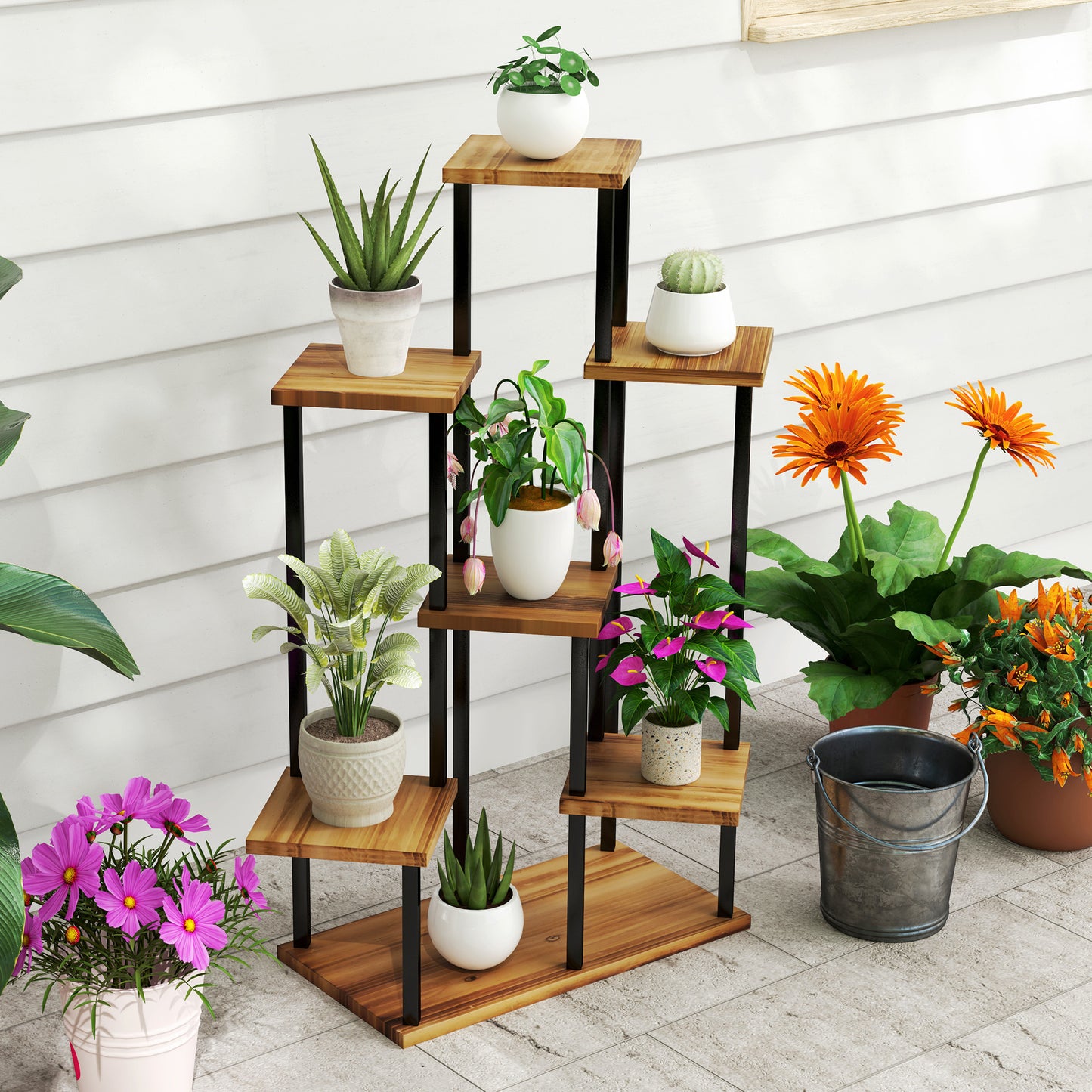 7 Tier Plant Stand, Tall Steel Wood Plant Shelf, Carbonised Finish