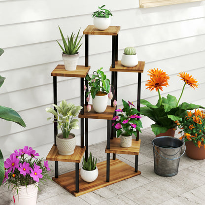 7 Tier Plant Stand, Tall Steel Wood Plant Shelf, Carbonised Finish