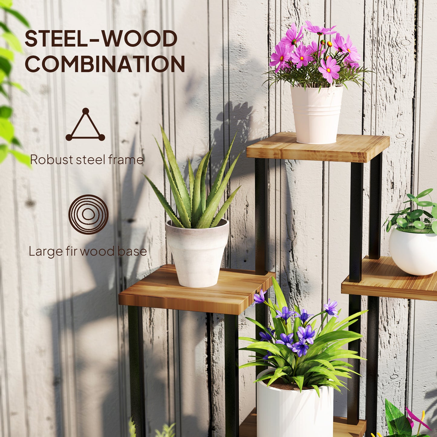 7 Tier Plant Stand, Tall Steel Wood Plant Shelf, Carbonised Finish