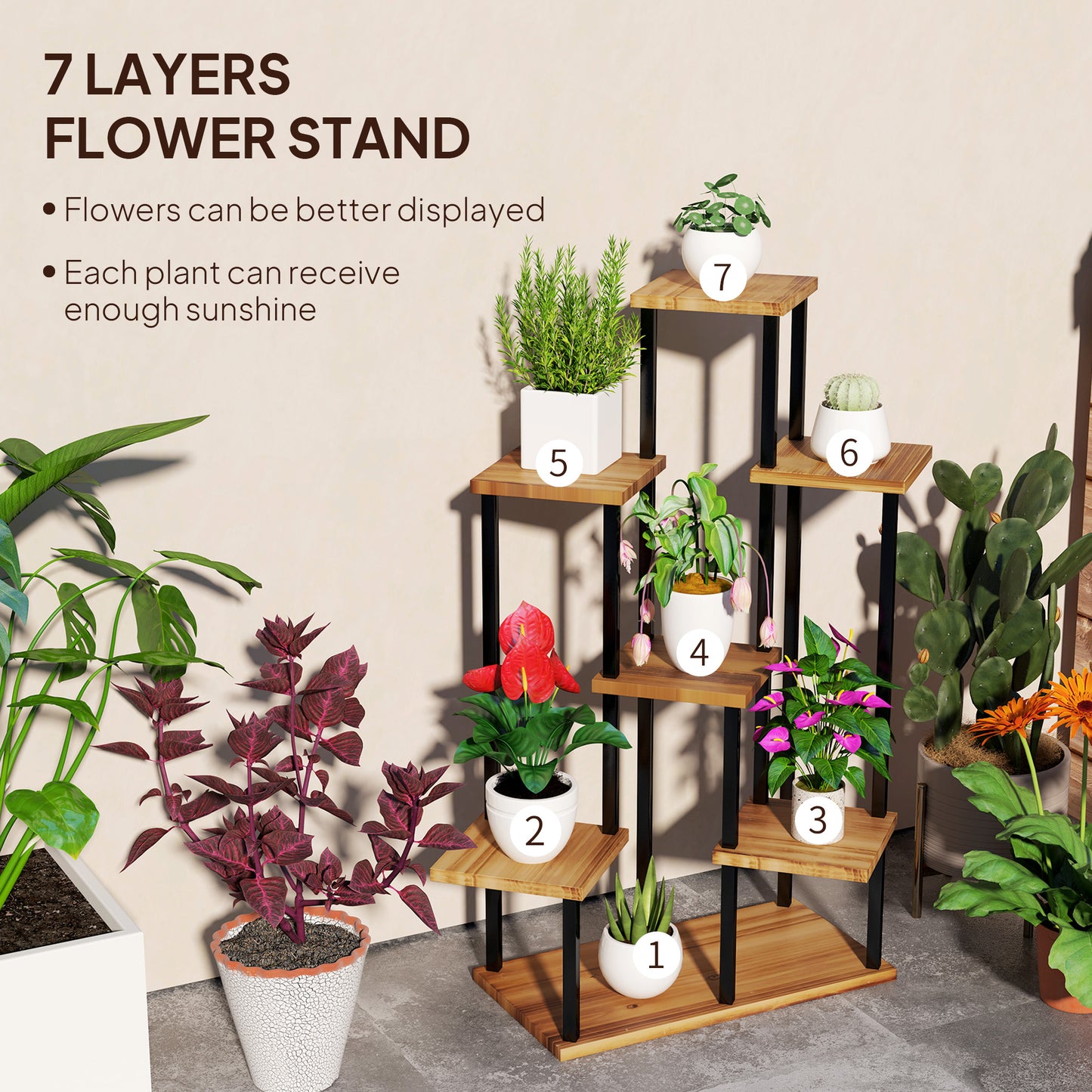 7 Tier Plant Stand, Tall Steel Wood Plant Shelf, Carbonised Finish