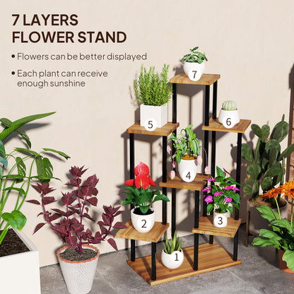 7 Tier Plant Stand, Tall Steel Wood Plant Shelf, Carbonised Finish