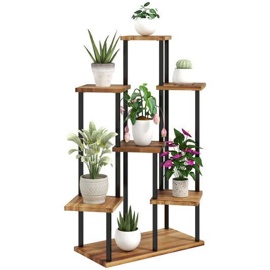 7 Tier Plant Stand, Tall Steel Wood Plant Shelf, Carbonised Finish