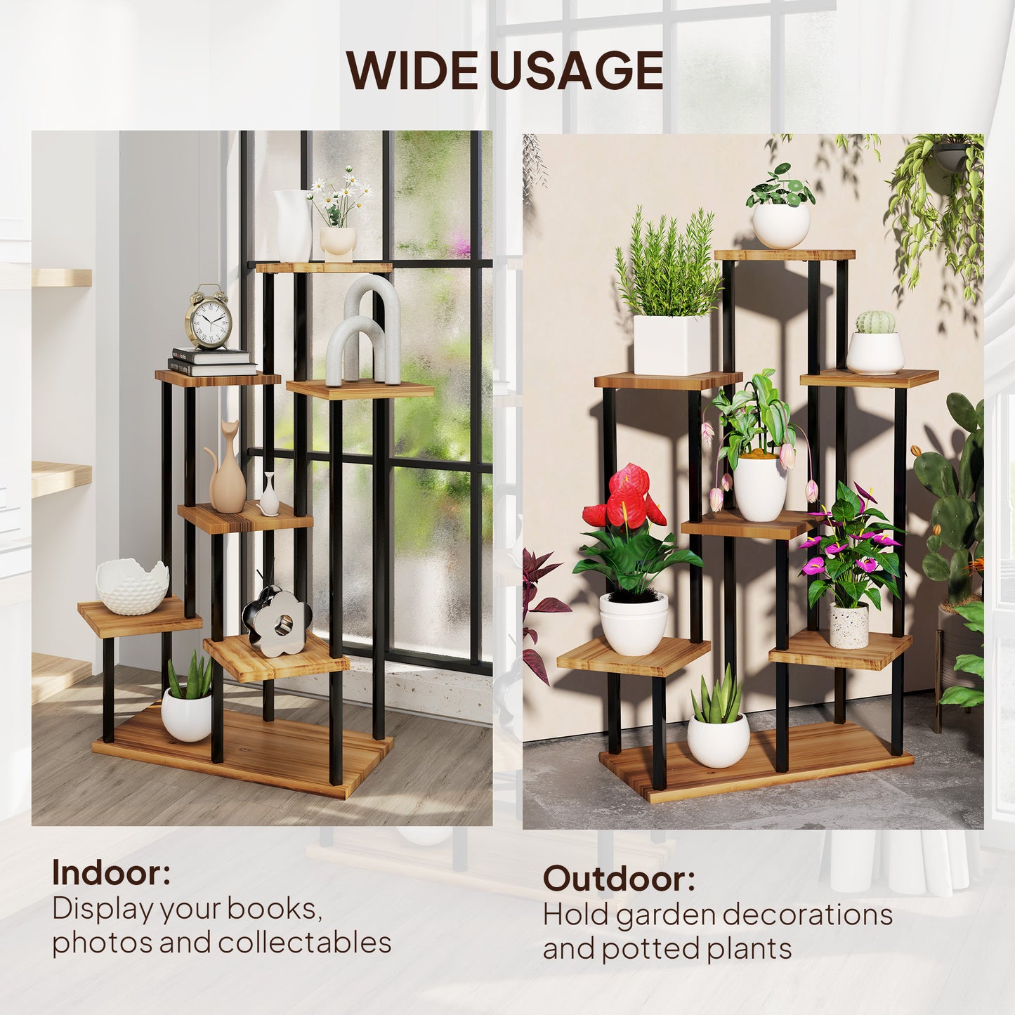 7 Tier Plant Stand, Tall Steel Wood Plant Shelf, Carbonised Finish