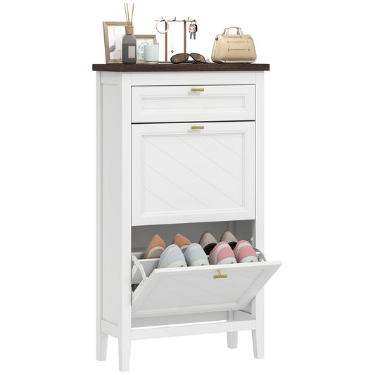Shoe Cabinet with 2 Flip Drawers, Narrow Shoe Storage Cabinet, White