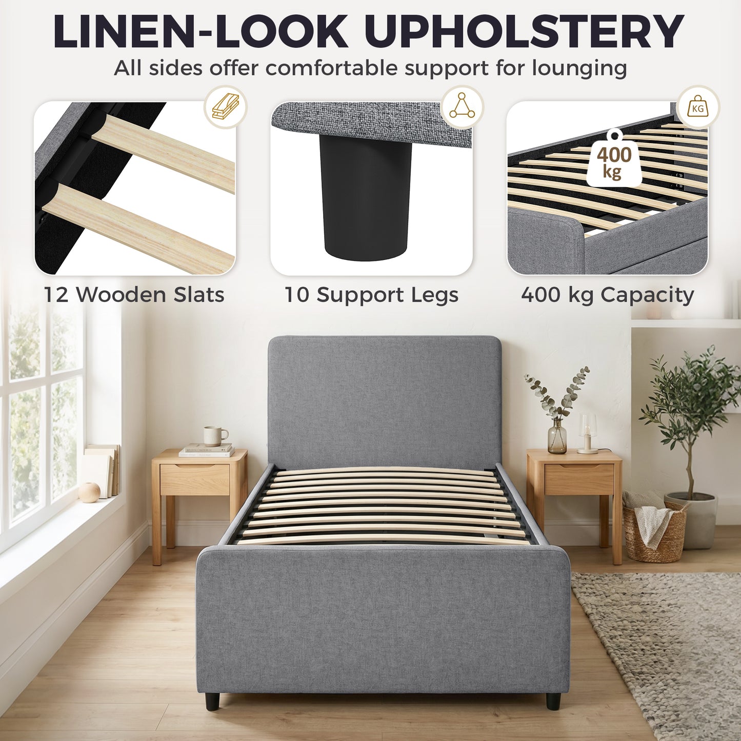 3ft Single Bed Frame with Trundle, Upholstered Pull Out Trundle Bed with Headboard and Footboard for Adults & Teenagers, 90 x 190 cm, No Mattress, Dark Grey