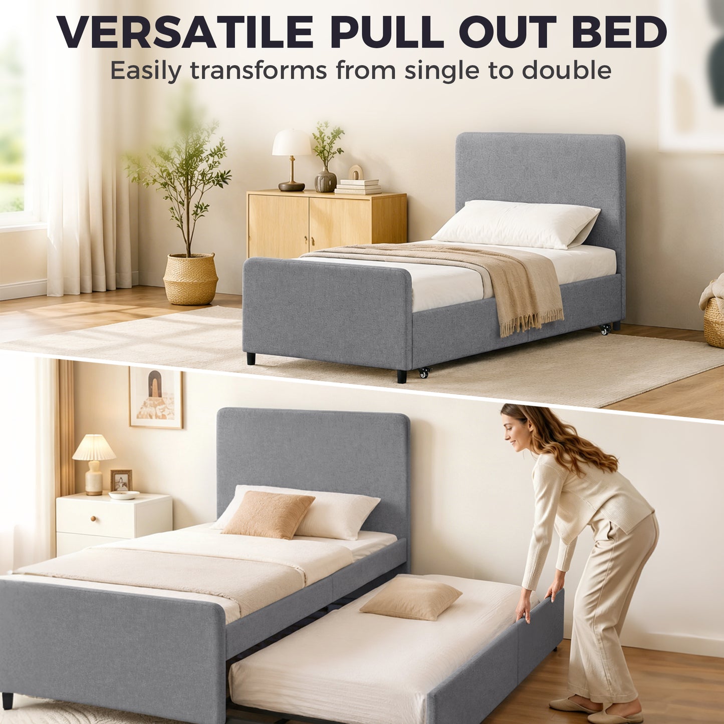 3ft Single Bed Frame with Trundle, Upholstered Pull Out Trundle Bed with Headboard and Footboard for Adults & Teenagers, 90 x 190 cm, No Mattress, Dark Grey