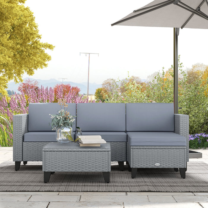 5-Piece Rattan Patio Furniture Set with Corner Sofa, Footstools, Coffee Table, for Poolside, Grey