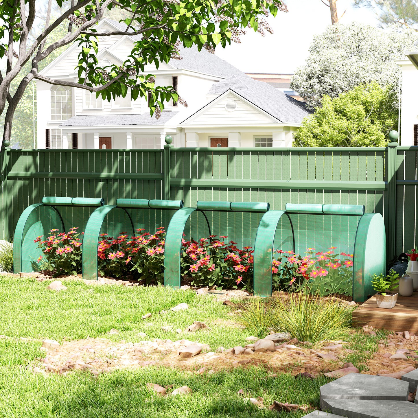 Tunnel Greenhouse Steel Frame for Garden w/ Zipper Doors, Green