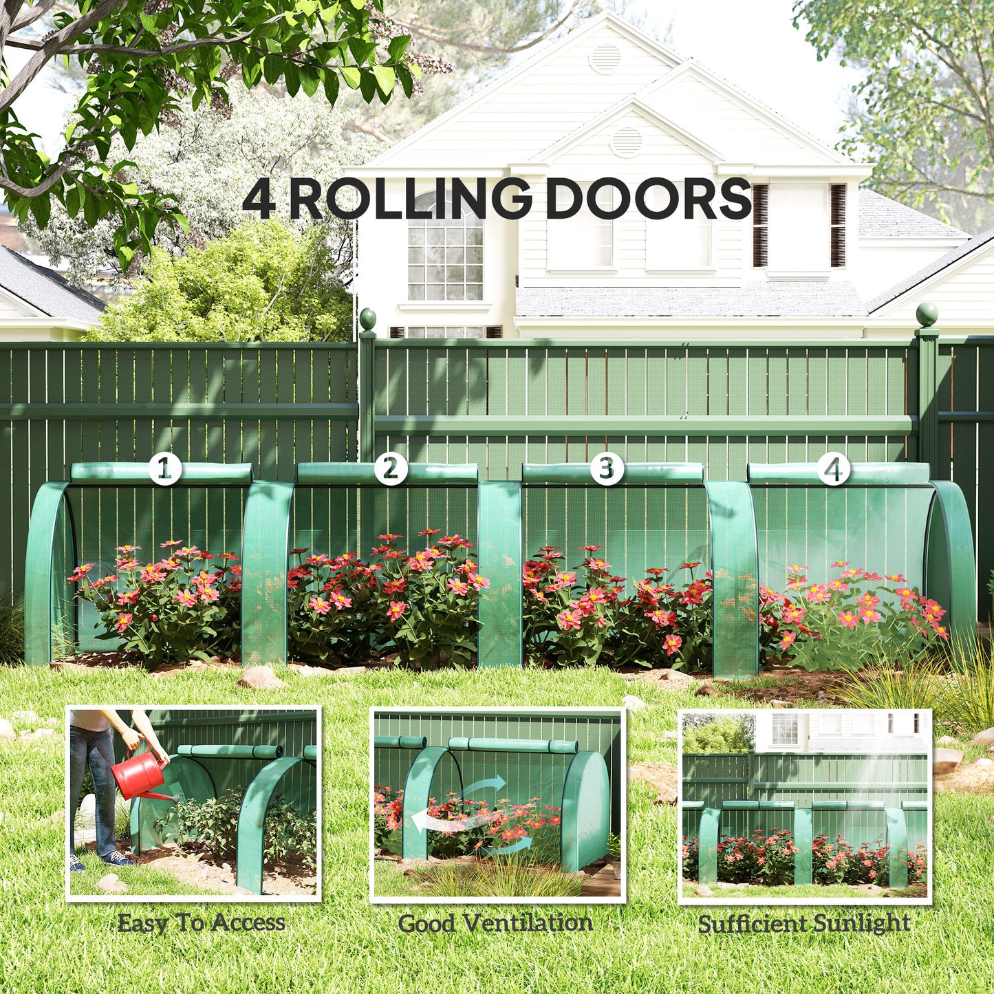 Tunnel Greenhouse Steel Frame for Garden w/ Zipper Doors, Green