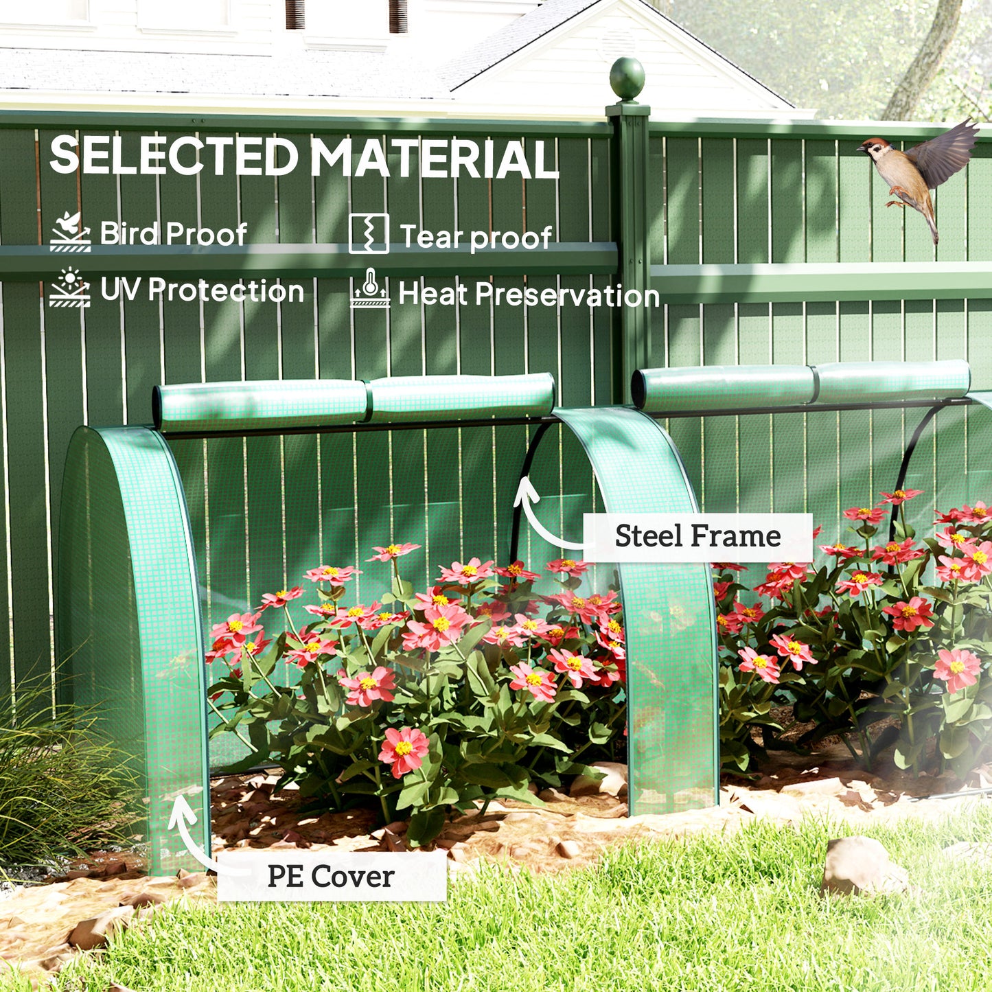 Tunnel Greenhouse Steel Frame for Garden w/ Zipper Doors, Green