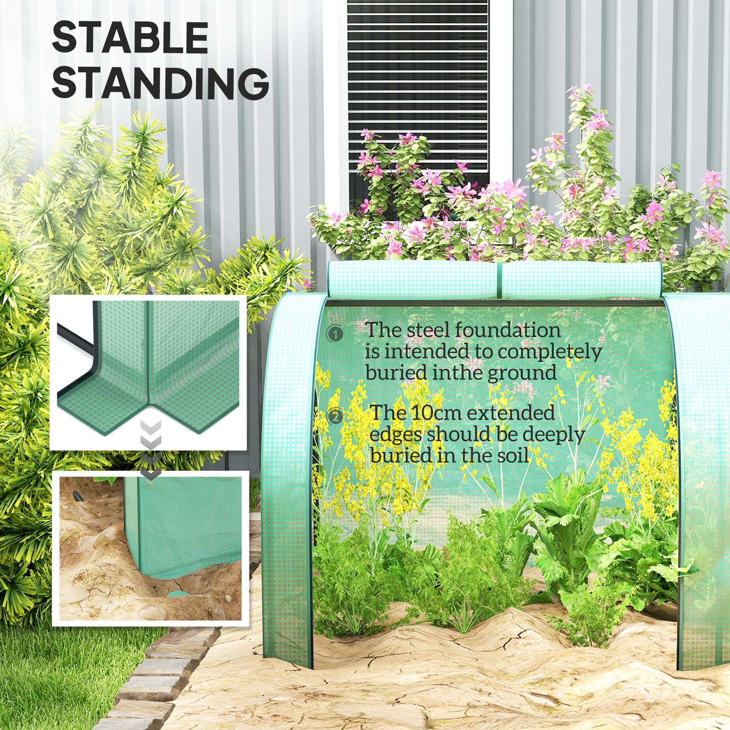 Tunnel Greenhouse Steel Frame for Garden w/ Zipper Doors, Green