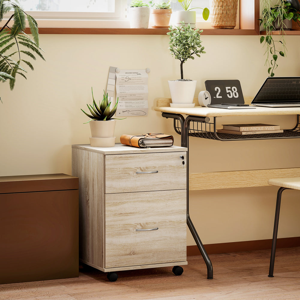 Pedestal Office Mobile Filing Cabinet 2 Drawer Wooden Storage Oak