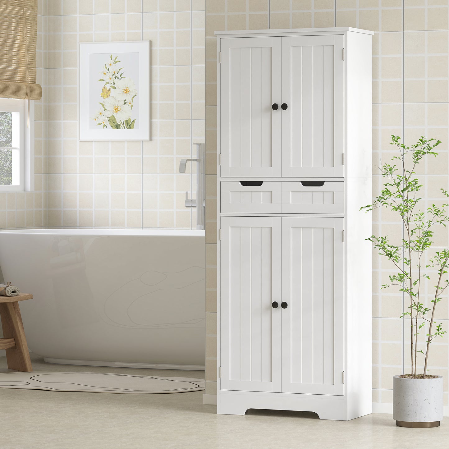 Bathroom Tall Cabinet with Drawer, Adjustable Shelf and Doors, White