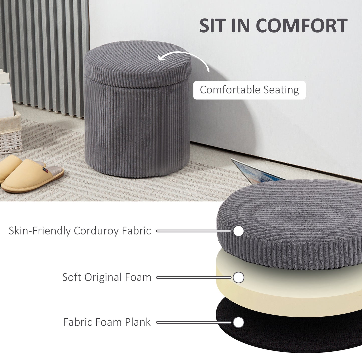 Round Storage Ottoman with Lid, Vanity Stool with Storage, Grey