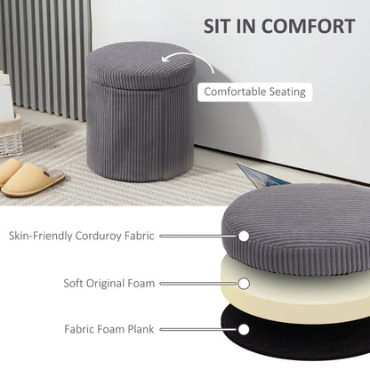 Round Storage Ottoman with Lid, Vanity Stool with Storage, Grey