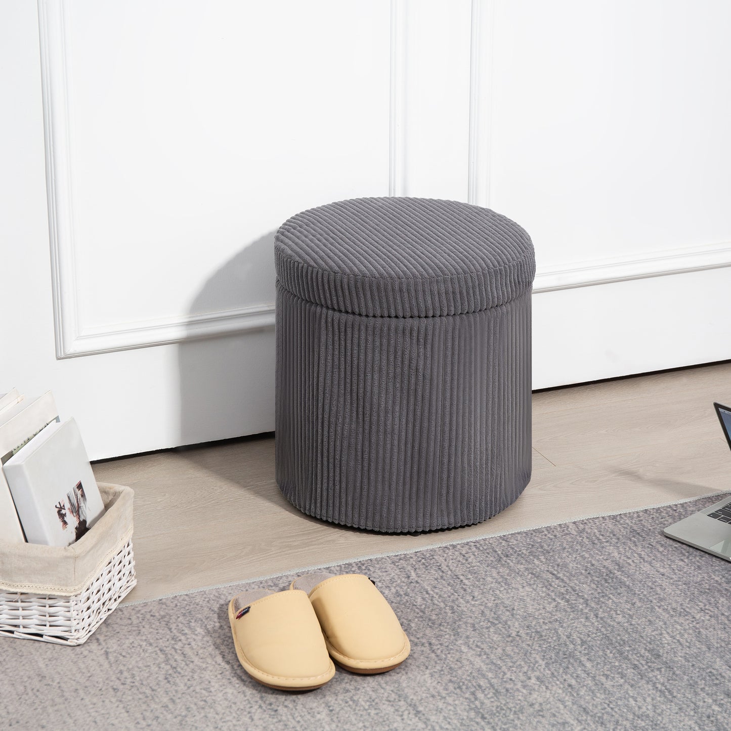 Round Storage Ottoman with Lid, Vanity Stool with Storage, Grey