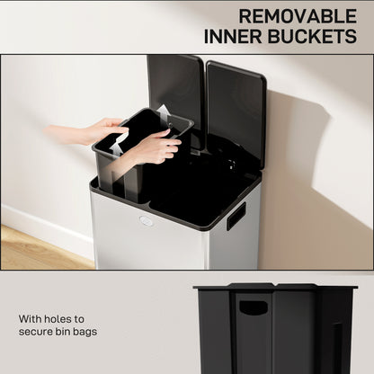2 x 28L Dual Kitchen Bin Pedal Bin for Recycling and Waste, Silver