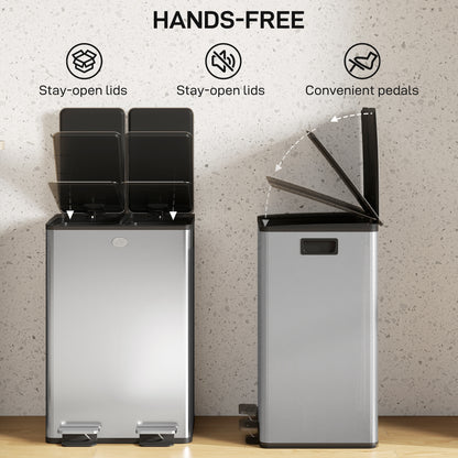 2 x 28L Dual Kitchen Bin Pedal Bin for Recycling and Waste, Silver