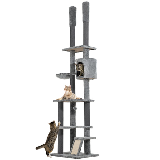 225-255cmH Floor-to-Ceiling Cat Tree for Indoor Cats w/ Condo Ramp