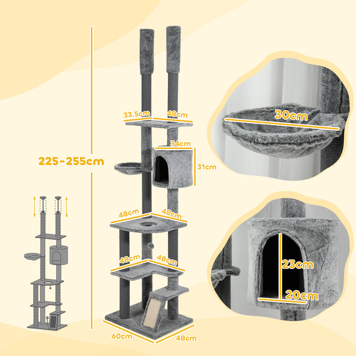 225-255cmH Floor-to-Ceiling Cat Tree for Indoor Cats w/ Condo Ramp