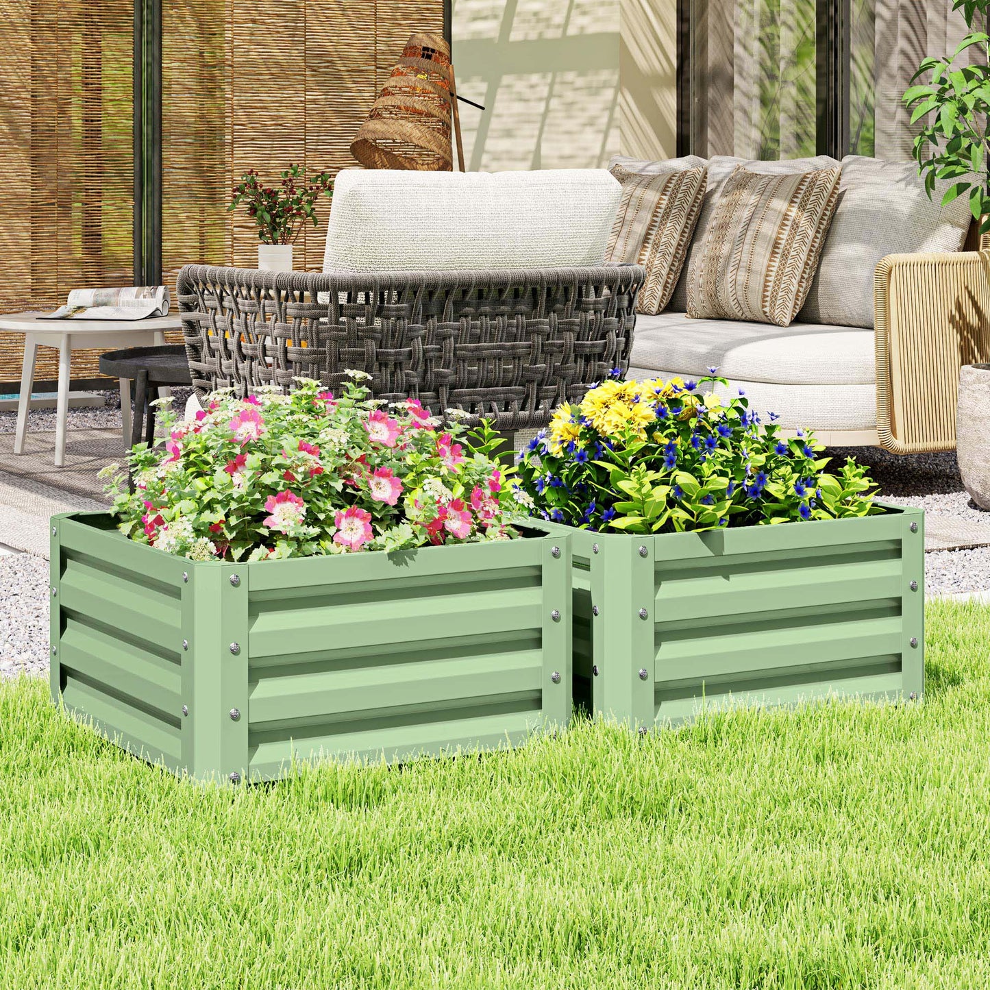 Set of 2 Raised Garden Bed, Outdoor Planter Box with Galvanised Steel Frame for Growing Vegetables, Flowers and Herbs, 60 x 60 x 30.5 cm, Light Green