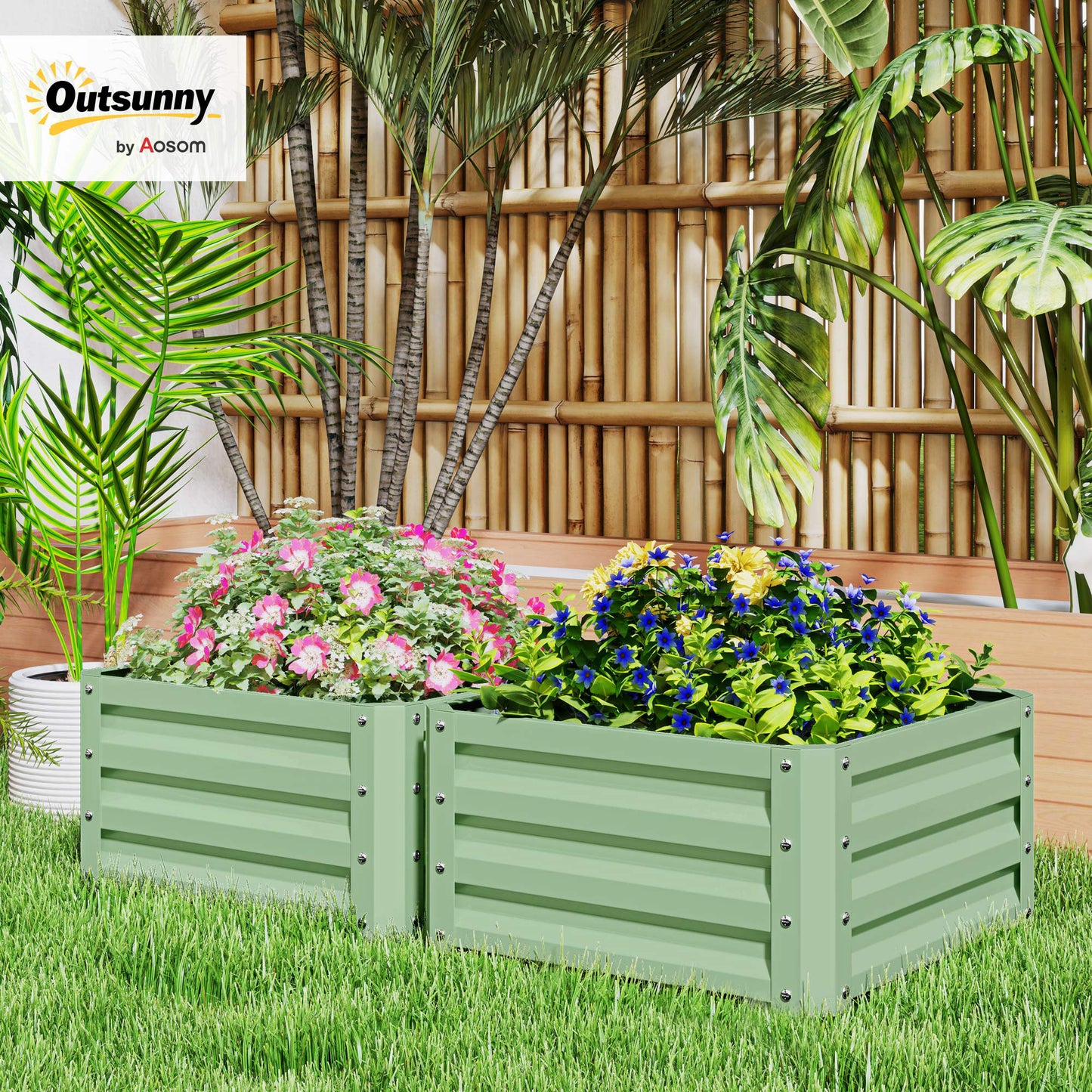 Set of 2 Raised Garden Bed, Outdoor Planter Box with Galvanised Steel Frame for Growing Vegetables, Flowers and Herbs, 60 x 60 x 30.5 cm, Light Green