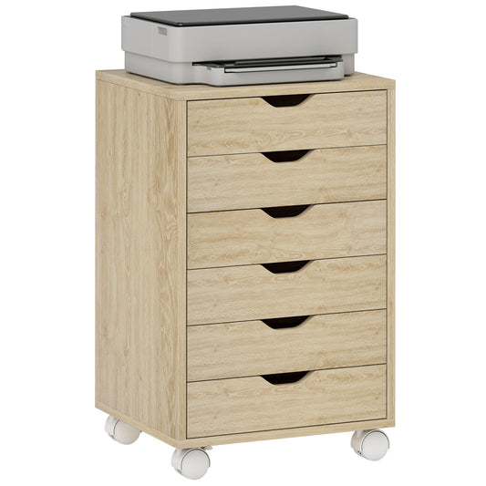 6 Drawer Vertical File Cabinet with Quiet Drawers and Wheels, Oak