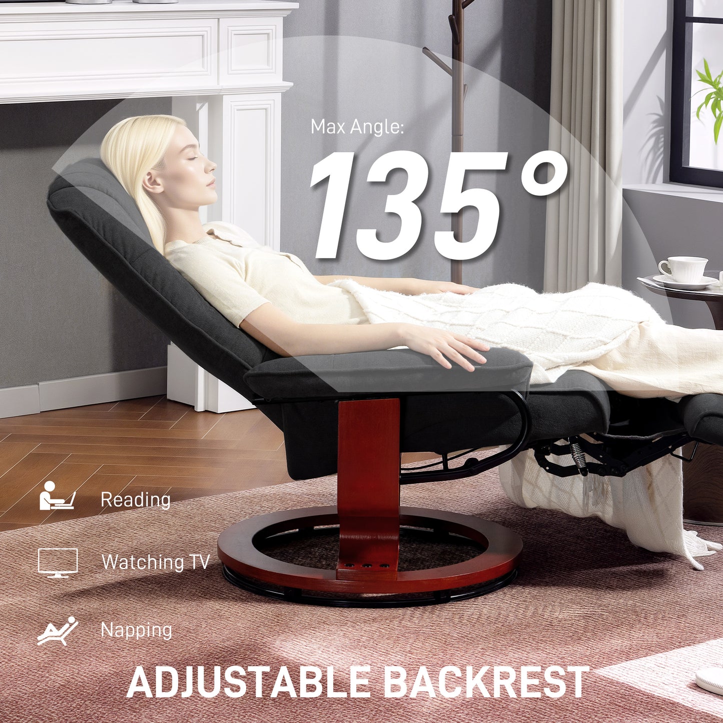 Manual Recliner Swivel Reclining Chair with Footrest Armrests, Black