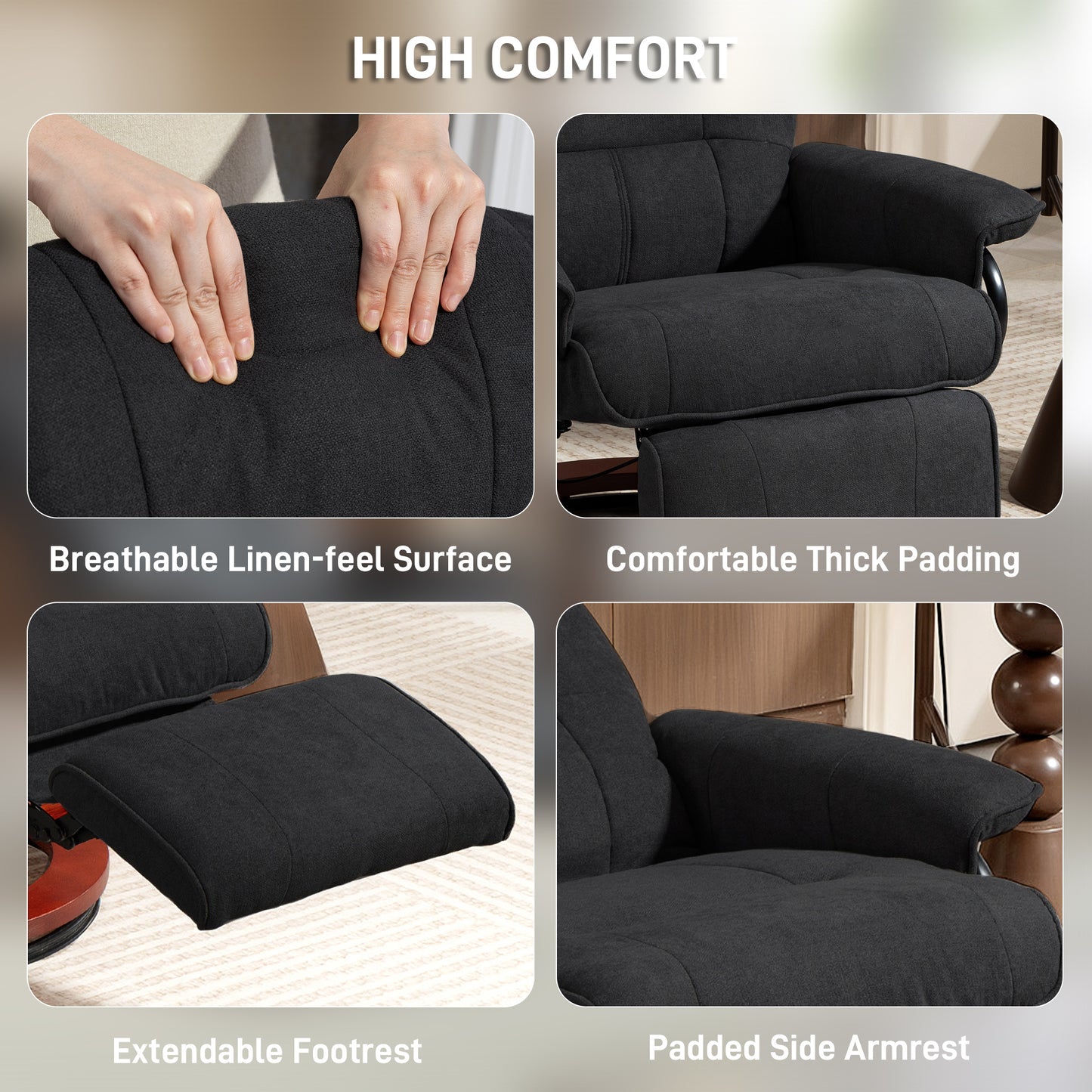 Manual Recliner Swivel Reclining Chair with Footrest Armrests, Black