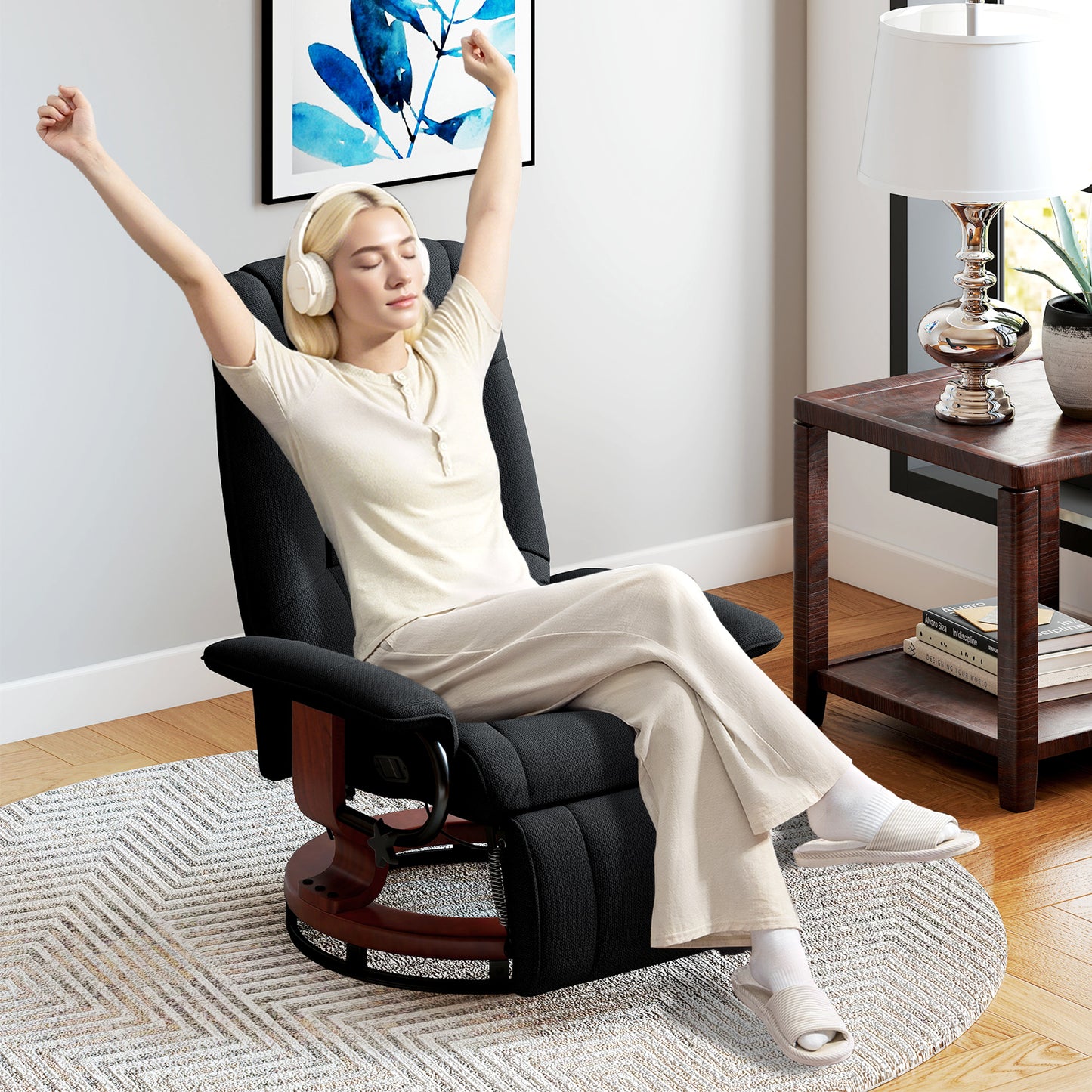 Manual Recliner Swivel Reclining Chair with Footrest Armrests, Black