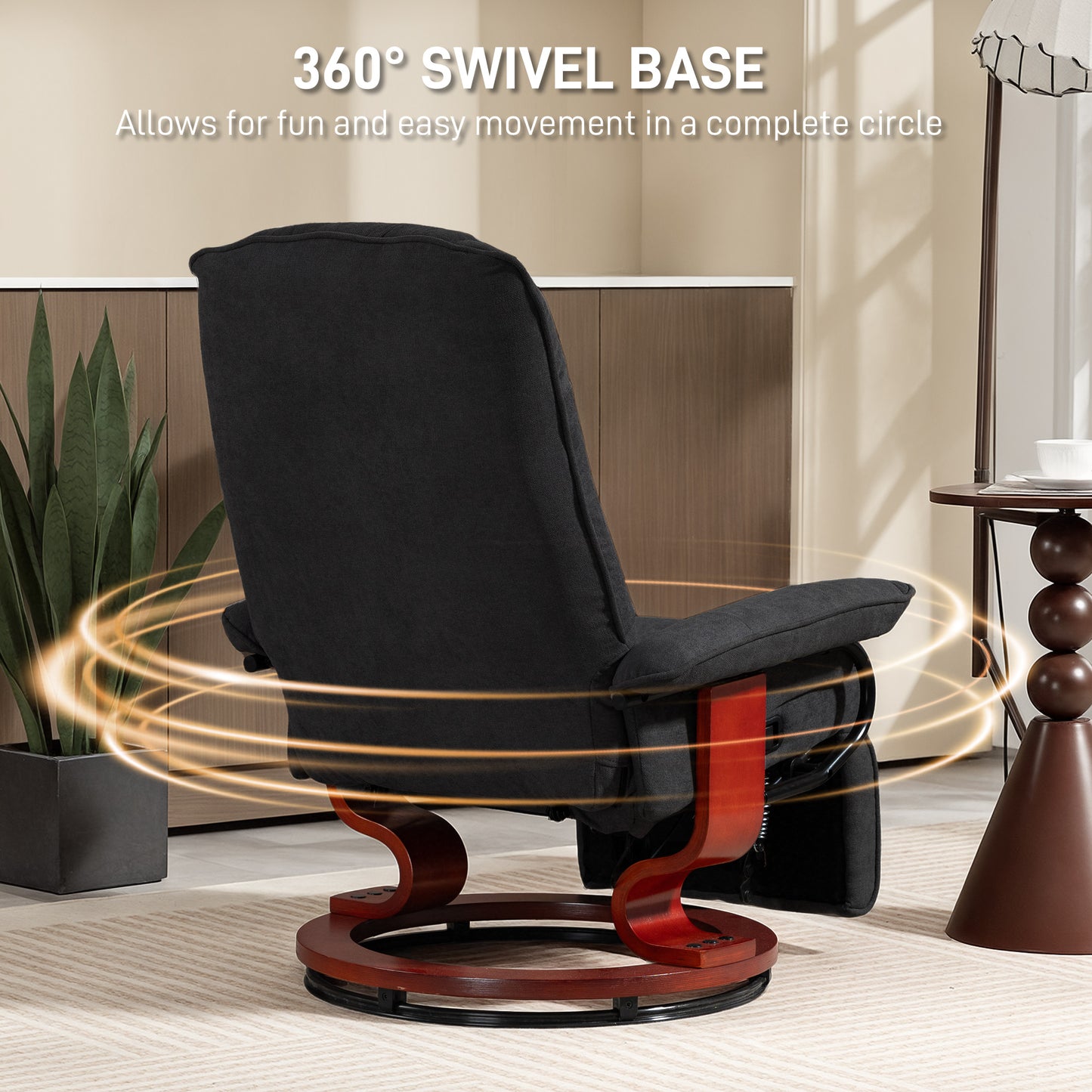 Manual Recliner Swivel Reclining Chair with Footrest Armrests, Black